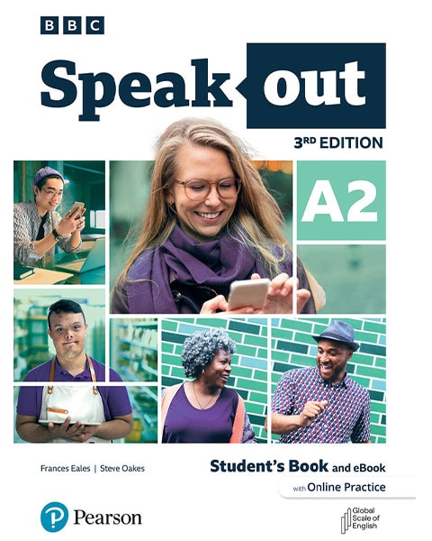 A book cover featuring a group of diverse individuals, including men and women, smiling and dressed in various clothing styles. The title "BBC Speak Out 3RD EDITION A2" is prominently displayed along with the authors' names, Frances Eales and Steve Oakes. 